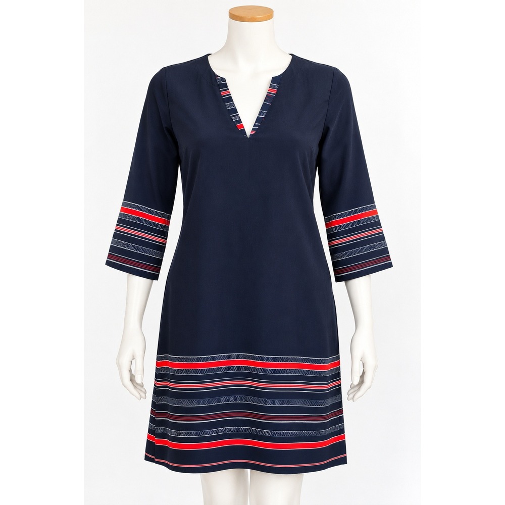 Hutch Navy Blue Striped Border Shift Dress Split Neck 3/4 Sleeve Size Medium
